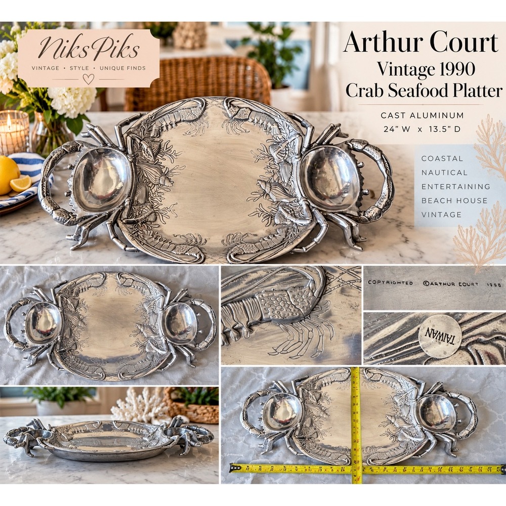 Vintage 1990 Arthur Court Crab Seafood Serving Platter 24" Cast Aluminum Coastal